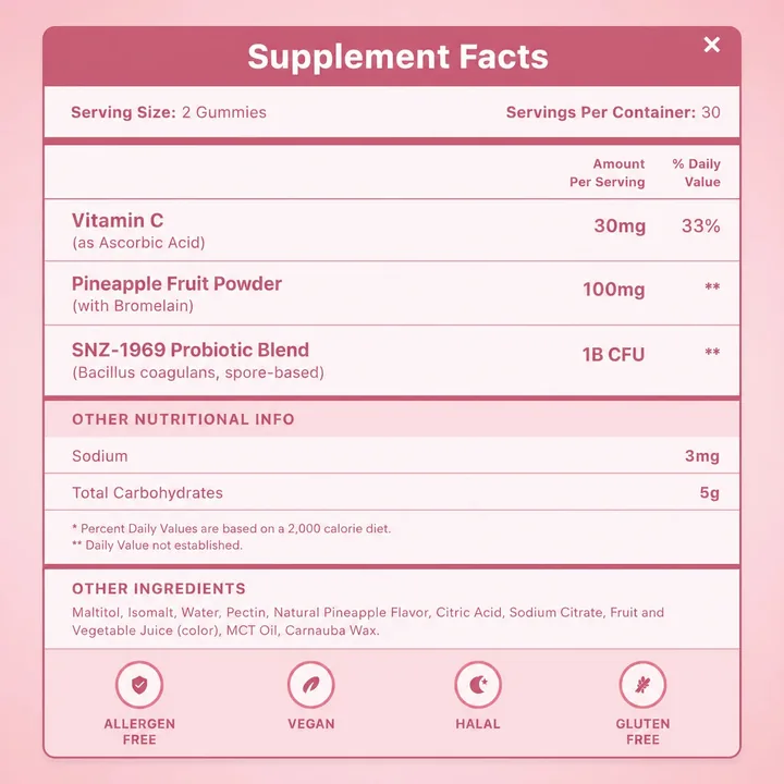 Πίνακας Supplement Facts του FloraFresh Vaginal Probiotic Gummies με 1 Billion CFU SNZ-1969 και εκχύλισμα ανανά