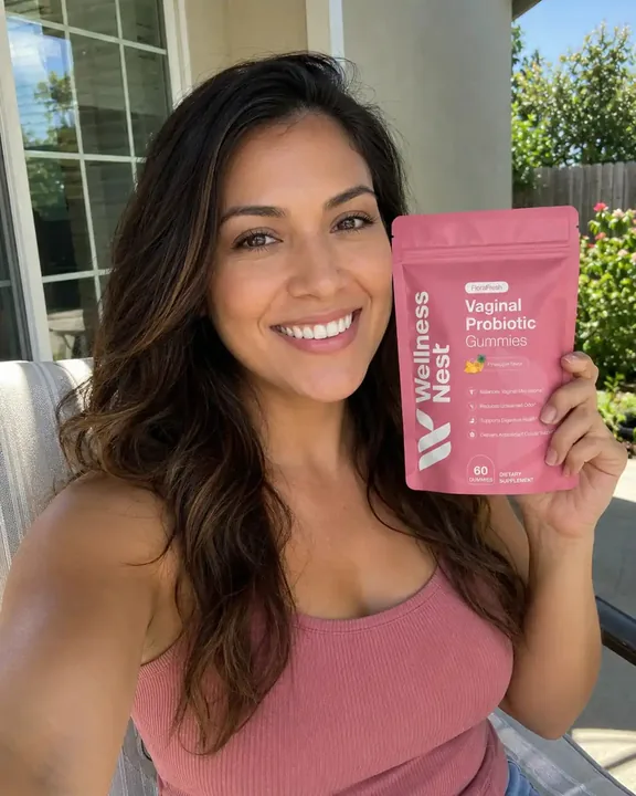 Γυναίκα κρατάει τη συσκευασία Wellness Nest FloraFresh Vaginal Probiotic Gummies 60 τεμαχίων