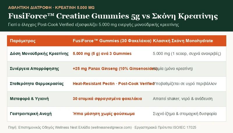 Συγκριτικό διάγραμμα FusiForce Creatine Gummies 5g έναντι κλασικής σκόνης μονοϋδρικής κρεατίνης