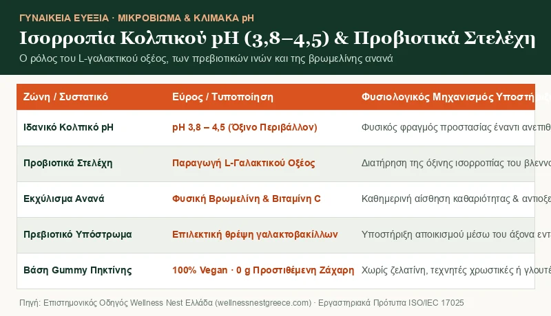 Γράφημα κλίμακας κολπικού pH 3,8–4,5 και μηχανισμού δράσης προβιοτικών FloraFresh
