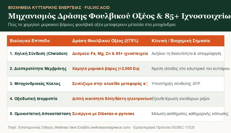 Διάγραμμα μηχανισμού δράσης Φουλβικού Οξέος και μεταφοράς 85+ ιχνοστοιχείων στα μιτοχόνδρια